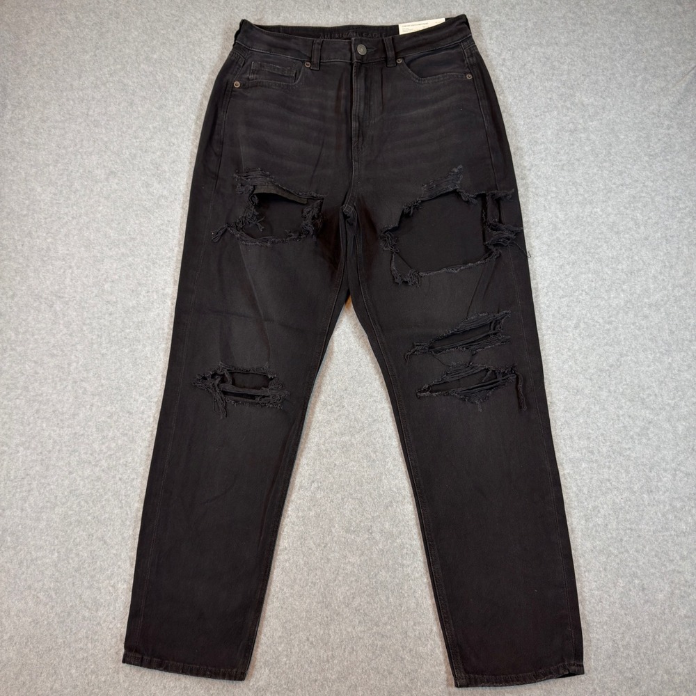 American Eagle Mom Jean Womens 8 Black Destroyed High Rise Comfort Stretch Denim